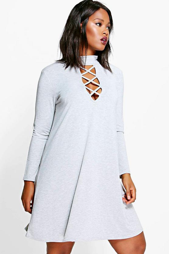 Plus Fay Tie Neck Long Sleeve Swing Dress